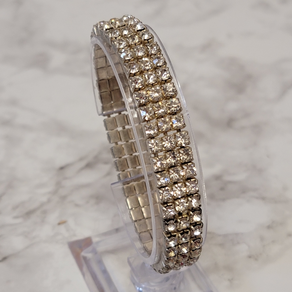 Rhinestone Stretch Bracelet Silver Tone 3 Rows 1/2"‎ Wide Formal Costume Jewelry